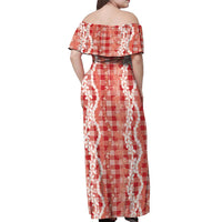 Hawaiian Ohia Lehua Lei Off Shoulder Maxi Dress Plaid Palaka Ulaula Pattern - Polynesian Pride