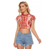 Hawaiian Ohia Lehua Lei Raglan Cropped T Shirt Plaid Palaka Ulaula Pattern LT9 Female Red - Polynesian Pride