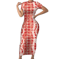 Hawaiian Ohia Lehua Lei Short Sleeve Bodycon Dress Plaid Palaka Ulaula Pattern LT9 Long Dress Red - Polynesian Pride