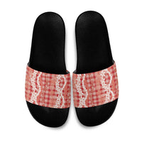 Hawaiian Ohia Lehua Lei Slide Sandals Plaid Palaka Ulaula Pattern LT9 Red - Polynesian Pride