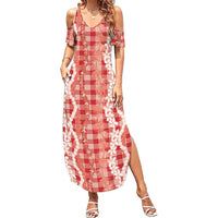 Hawaiian Ohia Lehua Lei Summer Maxi Dress Plaid Palaka Ulaula Pattern LT9 Women Red - Polynesian Pride