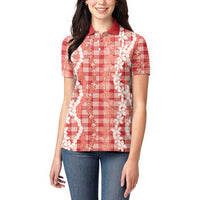Hawaiian Ohia Lehua Lei Women Polo Shirt Plaid Palaka Ulaula Pattern LT9 - Polynesian Pride