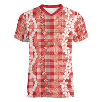 Hawaiian Ohia Lehua Lei Women V-Neck T-Shirt Plaid Palaka Ulaula Pattern LT9 Female Red - Polynesian Pride