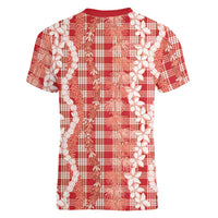 Hawaiian Ohia Lehua Lei Women V-Neck T-Shirt Plaid Palaka Ulaula Pattern LT9 - Polynesian Pride