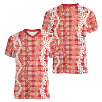 Hawaiian Ohia Lehua Lei Women V-Neck T-Shirt Plaid Palaka Ulaula Pattern LT9 - Polynesian Pride