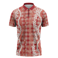 Hawaiian Ohia Lehua Lei Zipper Polo Shirt Plaid Palaka Ulaula Pattern LT9 Red - Polynesian Pride
