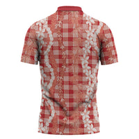 Hawaiian Ohia Lehua Lei Zipper Polo Shirt Plaid Palaka Ulaula Pattern LT9 - Polynesian Pride