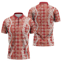 Hawaiian Ohia Lehua Lei Zipper Polo Shirt Plaid Palaka Ulaula Pattern LT9 - Polynesian Pride