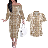 Hawaiian Ohia Lehua Lei Couples Matching Off The Shoulder Long Sleeve Dress and Hawaiian Shirt Plaid Palaka Kalaihaahaa Pattern - Polynesian Pride