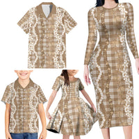 Hawaiian Ohia Lehua Lei Family Matching Long Sleeve Bodycon Dress and Hawaiian Shirt Plaid Palaka Kalaihaahaa Pattern - Polynesian Pride