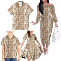 Hawaiian Ohia Lehua Lei Family Matching Off The Shoulder Long Sleeve Dress and Hawaiian Shirt Plaid Palaka Kalaihaahaa Pattern - Polynesian Pride