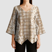Hawaiian Ohia Lehua Lei Kimono Sleeve Blouse Plaid Palaka Kalaihaahaa Pattern LT9 - Polynesian Pride
