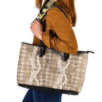 Hawaiian Ohia Lehua Lei Leather Tote Bag Plaid Palaka Kalaihaahaa Pattern LT9 Tan - Polynesian Pride