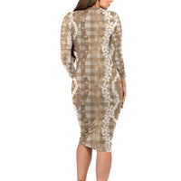 Hawaiian Ohia Lehua Lei Long Sleeve Bodycon Dress Plaid Palaka Kalaihaahaa Pattern - Polynesian Pride