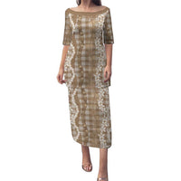 Hawaiian Ohia Lehua Lei Puletasi Plaid Palaka Kalaihaahaa Pattern LT9 Long Dress Tan - Polynesian Pride