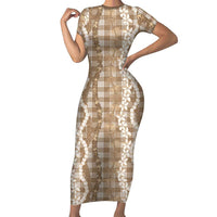Hawaiian Ohia Lehua Lei Short Sleeve Bodycon Dress Plaid Palaka Kalaihaahaa Pattern LT9 Long Dress Tan - Polynesian Pride