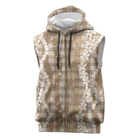 Hawaiian Ohia Lehua Lei Sleeveless Zip Hoodie Plaid Palaka Kalaihaahaa Pattern LT9 Tan - Polynesian Pride