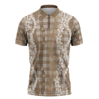 Hawaiian Ohia Lehua Lei Zipper Polo Shirt Plaid Palaka Kalaihaahaa Pattern LT9 Tan - Polynesian Pride