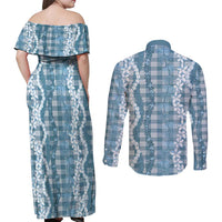 Hawaiian Ohia Lehua Lei Couples Matching Off Shoulder Maxi Dress and Long Sleeve Button Shirt Plaid Palaka Uliuli Omaomao Pattern - Polynesian Pride