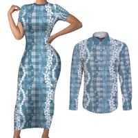 Hawaiian Ohia Lehua Lei Couples Matching Short Sleeve Bodycon Dress and Long Sleeve Button Shirt Plaid Palaka Uliuli Omaomao Pattern - Polynesian Pride