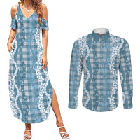 Hawaiian Ohia Lehua Lei Couples Matching Summer Maxi Dress and Long Sleeve Button Shirt Plaid Palaka Uliuli Omaomao Pattern LT9 Teal - Polynesian Pride