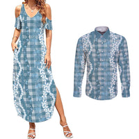 Hawaiian Ohia Lehua Lei Couples Matching Summer Maxi Dress and Long Sleeve Button Shirt Plaid Palaka Uliuli Omaomao Pattern - Polynesian Pride