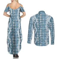 Hawaiian Ohia Lehua Lei Couples Matching Summer Maxi Dress and Long Sleeve Button Shirt Plaid Palaka Uliuli Omaomao Pattern LT9 - Polynesian Pride