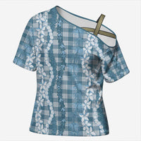 Hawaiian Ohia Lehua Lei Cross Shoulder Shirt Plaid Palaka Uliuli Omaomao Pattern LT9 Female Teal - Polynesian Pride