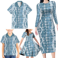 Hawaiian Ohia Lehua Lei Family Matching Long Sleeve Bodycon Dress and Hawaiian Shirt Plaid Palaka Uliuli Omaomao Pattern - Polynesian Pride