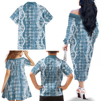 Hawaiian Ohia Lehua Lei Family Matching Off The Shoulder Long Sleeve Dress and Hawaiian Shirt Plaid Palaka Uliuli Omaomao Pattern - Polynesian Pride