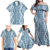 Hawaiian Ohia Lehua Lei Family Matching Off Shoulder Maxi Dress and Hawaiian Shirt Plaid Palaka Uliuli Omaomao Pattern - Polynesian Pride