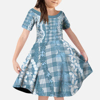 Hawaiian Ohia Lehua Lei Kid Short Sleeve Dress Plaid Palaka Uliuli Omaomao Pattern LT9 KID Teal - Polynesian Pride