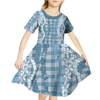 Hawaiian Ohia Lehua Lei Kid Short Sleeve Dress Plaid Palaka Uliuli Omaomao Pattern LT9 - Polynesian Pride