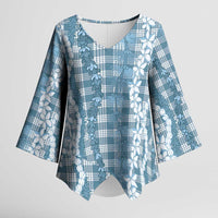 Hawaiian Ohia Lehua Lei Kimono Sleeve Blouse Plaid Palaka Uliuli Omaomao Pattern LT9 Female Teal - Polynesian Pride