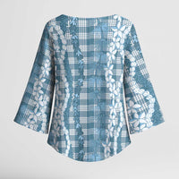 Hawaiian Ohia Lehua Lei Kimono Sleeve Blouse Plaid Palaka Uliuli Omaomao Pattern LT9 - Polynesian Pride