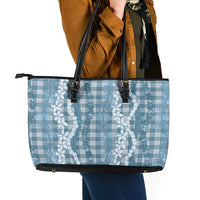 Hawaiian Ohia Lehua Lei Leather Tote Bag Plaid Palaka Uliuli Omaomao Pattern LT9 - Polynesian Pride