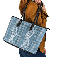 Hawaiian Ohia Lehua Lei Leather Tote Bag Plaid Palaka Uliuli Omaomao Pattern LT9 - Polynesian Pride