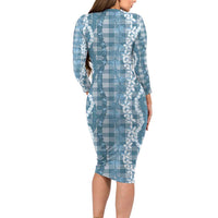 Hawaiian Ohia Lehua Lei Long Sleeve Bodycon Dress Plaid Palaka Uliuli Omaomao Pattern - Polynesian Pride