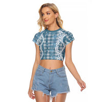 Hawaiian Ohia Lehua Lei Raglan Cropped T Shirt Plaid Palaka Uliuli Omaomao Pattern LT9 Female Teal - Polynesian Pride