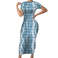 Hawaiian Ohia Lehua Lei Short Sleeve Bodycon Dress Plaid Palaka Uliuli Omaomao Pattern LT9 Long Dress Teal - Polynesian Pride