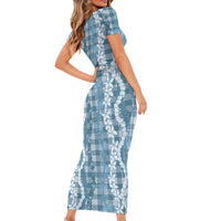 Hawaiian Ohia Lehua Lei Short Sleeve Bodycon Dress Plaid Palaka Uliuli Omaomao Pattern LT9 - Polynesian Pride