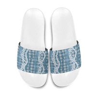 Hawaiian Ohia Lehua Lei Slide Sandals Plaid Palaka Uliuli Omaomao Pattern LT9 Teal - Polynesian Pride
