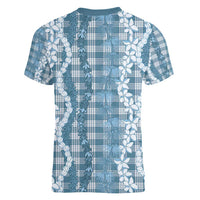 Hawaiian Ohia Lehua Lei Women V-Neck T-Shirt Plaid Palaka Uliuli Omaomao Pattern - Polynesian Pride