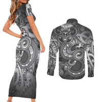 Aotearoa Maori Hei Tiki Couples Matching Short Sleeve Bodycon Dress and Long Sleeve Button Shirt Kiwikiwi Kowhaiwhai Puhoro Motif