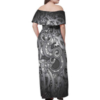 Aotearoa Maori Hei Tiki Family Matching Off Shoulder Maxi Dress and Hawaiian Shirt Kiwikiwi Kowhaiwhai Puhoro Motif