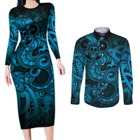 Aotearoa Maori Hei Tiki Couples Matching Long Sleeve Bodycon Dress and Long Sleeve Button Shirt Kikorangi Kowhaiwhai Puhoro Motif