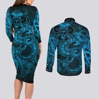 Aotearoa Maori Hei Tiki Couples Matching Long Sleeve Bodycon Dress and Long Sleeve Button Shirt Kikorangi Kowhaiwhai Puhoro Motif