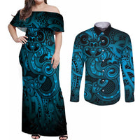 Aotearoa Maori Hei Tiki Couples Matching Off Shoulder Maxi Dress and Long Sleeve Button Shirt Kikorangi Kowhaiwhai Puhoro Motif