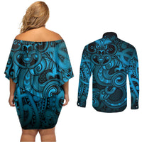 Aotearoa Maori Hei Tiki Couples Matching Off Shoulder Short Dress and Long Sleeve Button Shirt Kikorangi Kowhaiwhai Puhoro Motif