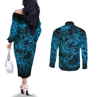 Aotearoa Maori Hei Tiki Couples Matching Off The Shoulder Long Sleeve Dress and Long Sleeve Button Shirt Kikorangi Kowhaiwhai Puhoro Motif